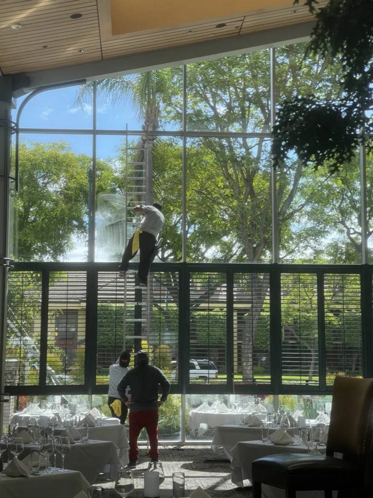 Evans Dynamic team cleaning tall windows at a commercial property